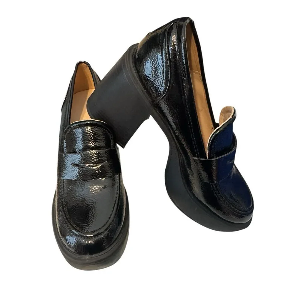 New PRINCESS POLLY Black Loafer Patent Leather Platform Heels Trending Sz 7